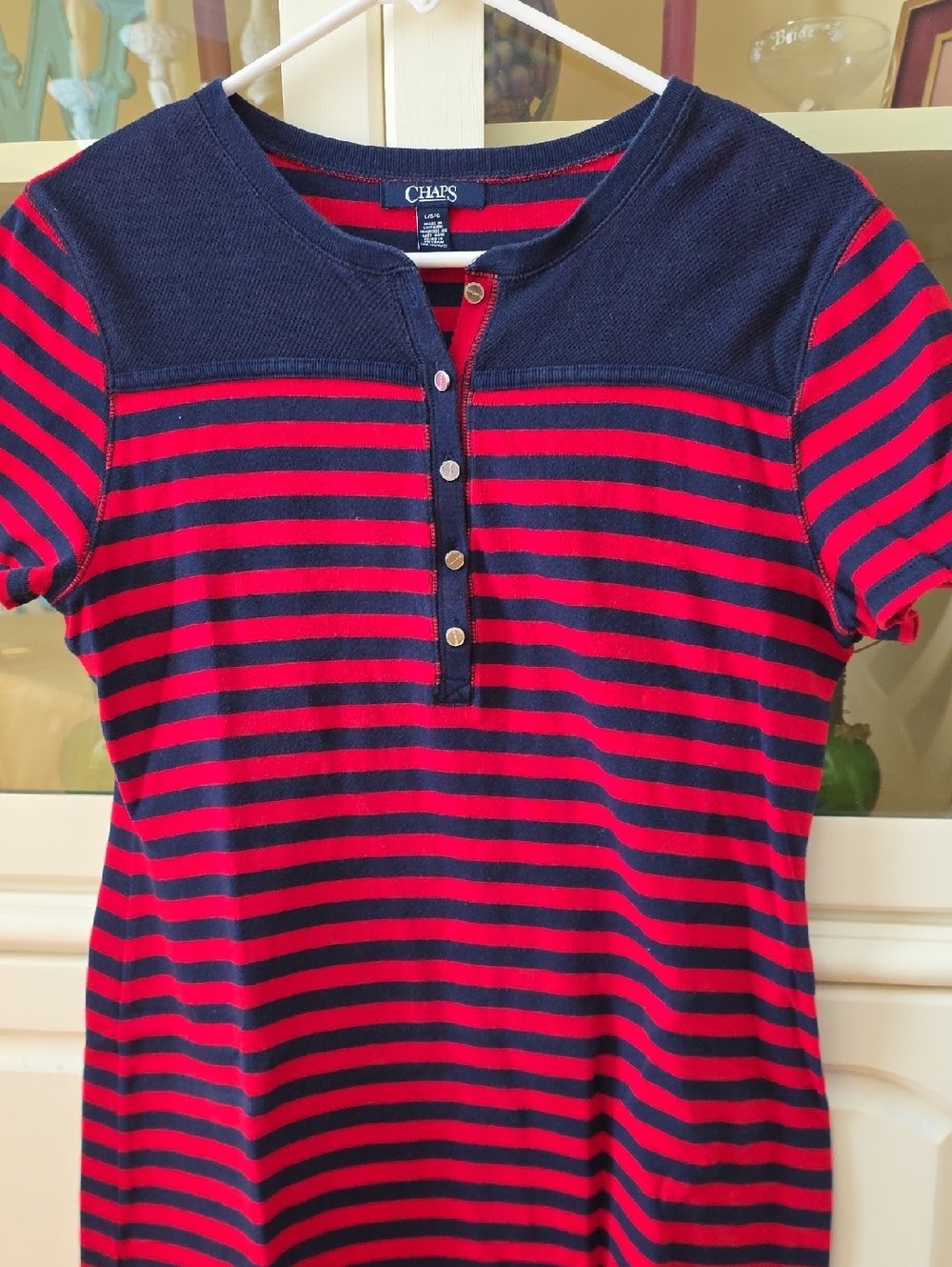 Chaps Red and Navy Striped Short-Sleeve Henley Dress